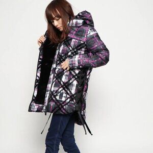 NWOT Desigual black & purple graphic print puffer jacket with faux fur lining, 4